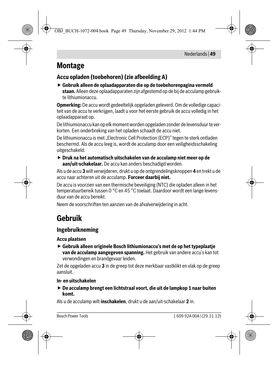 Montage, Gebruik | Bosch GLI 10,8 V-LI Professional User Manual | Page 49 / 177