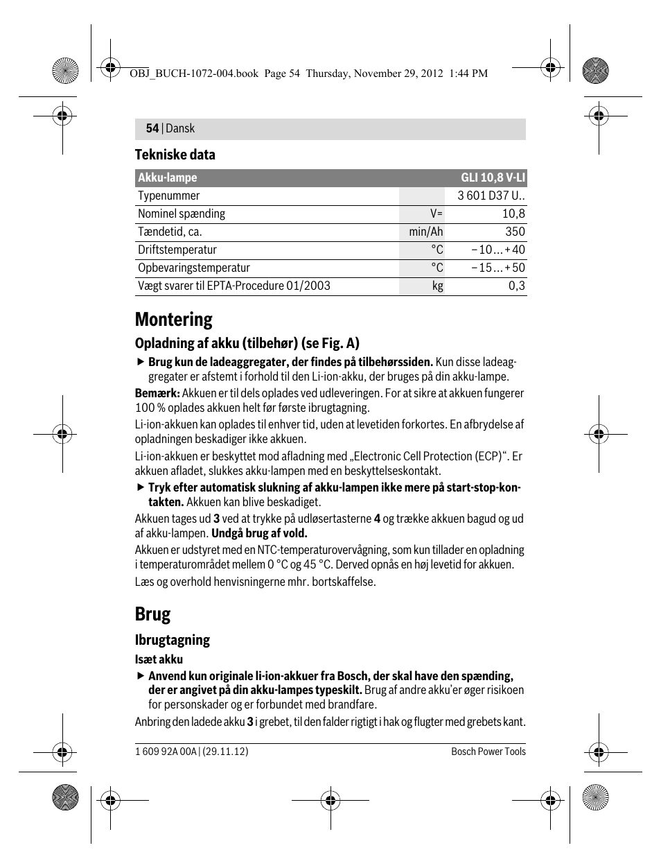 Montering, Brug | Bosch GLI 10,8 V-LI Professional User Manual | Page 54 / 177