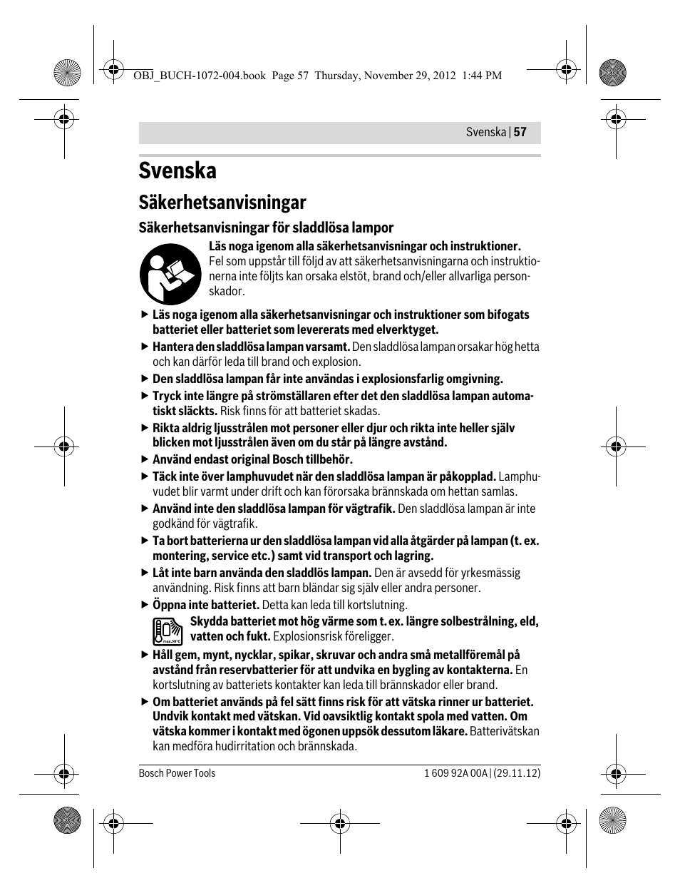 Svenska, Säkerhetsanvisningar | Bosch GLI 10,8 V-LI Professional User Manual | Page 57 / 177