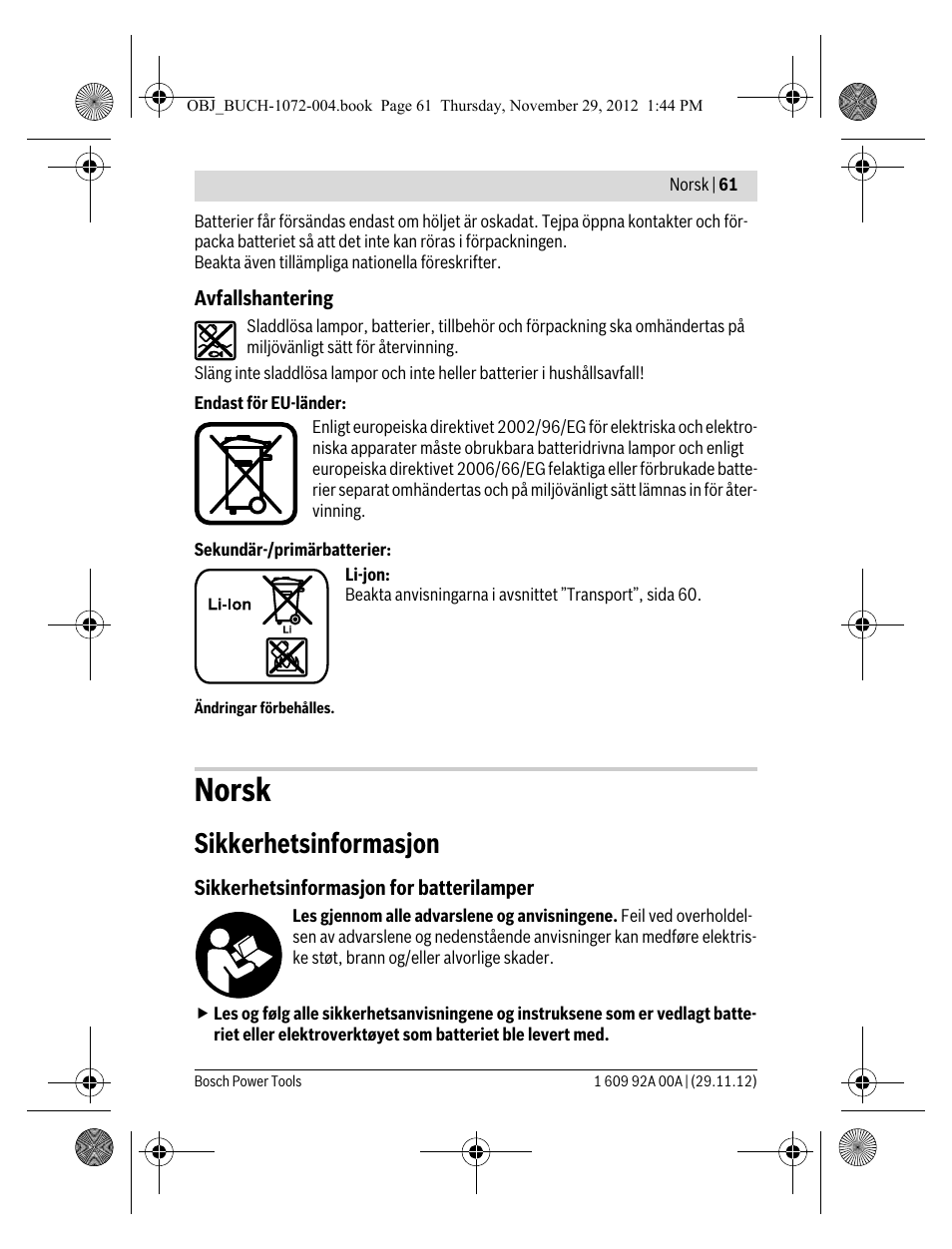 Norsk, Sikkerhetsinformasjon | Bosch GLI 10,8 V-LI Professional User Manual | Page 61 / 177