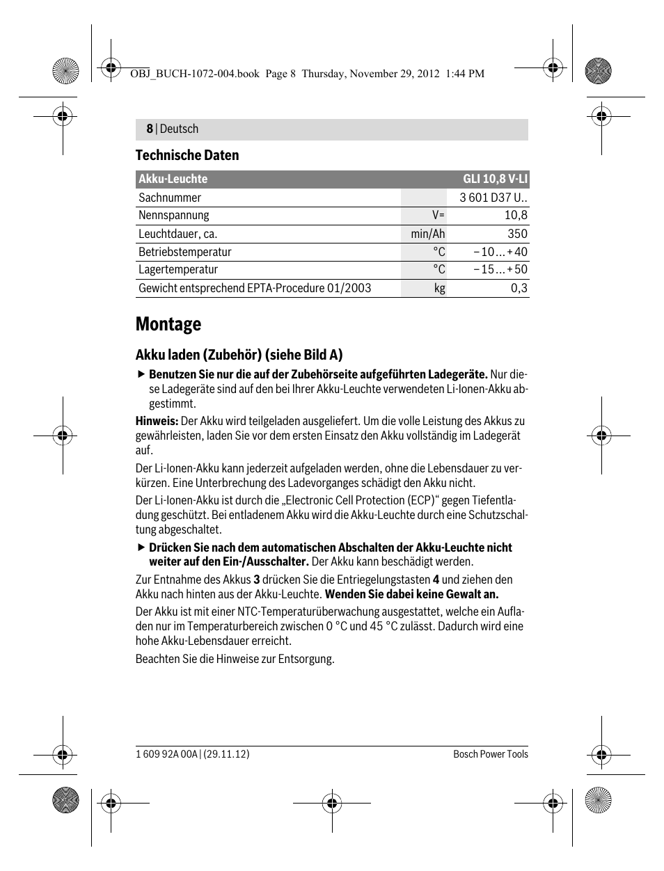 Montage | Bosch GLI 10,8 V-LI Professional User Manual | Page 8 / 177