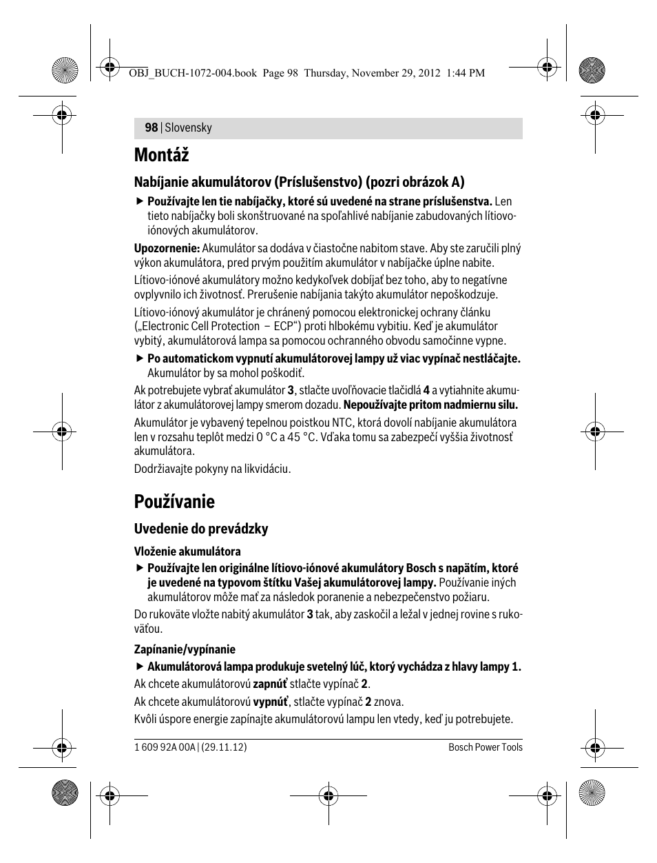 Montáž, Používanie | Bosch GLI 10,8 V-LI Professional User Manual | Page 98 / 177