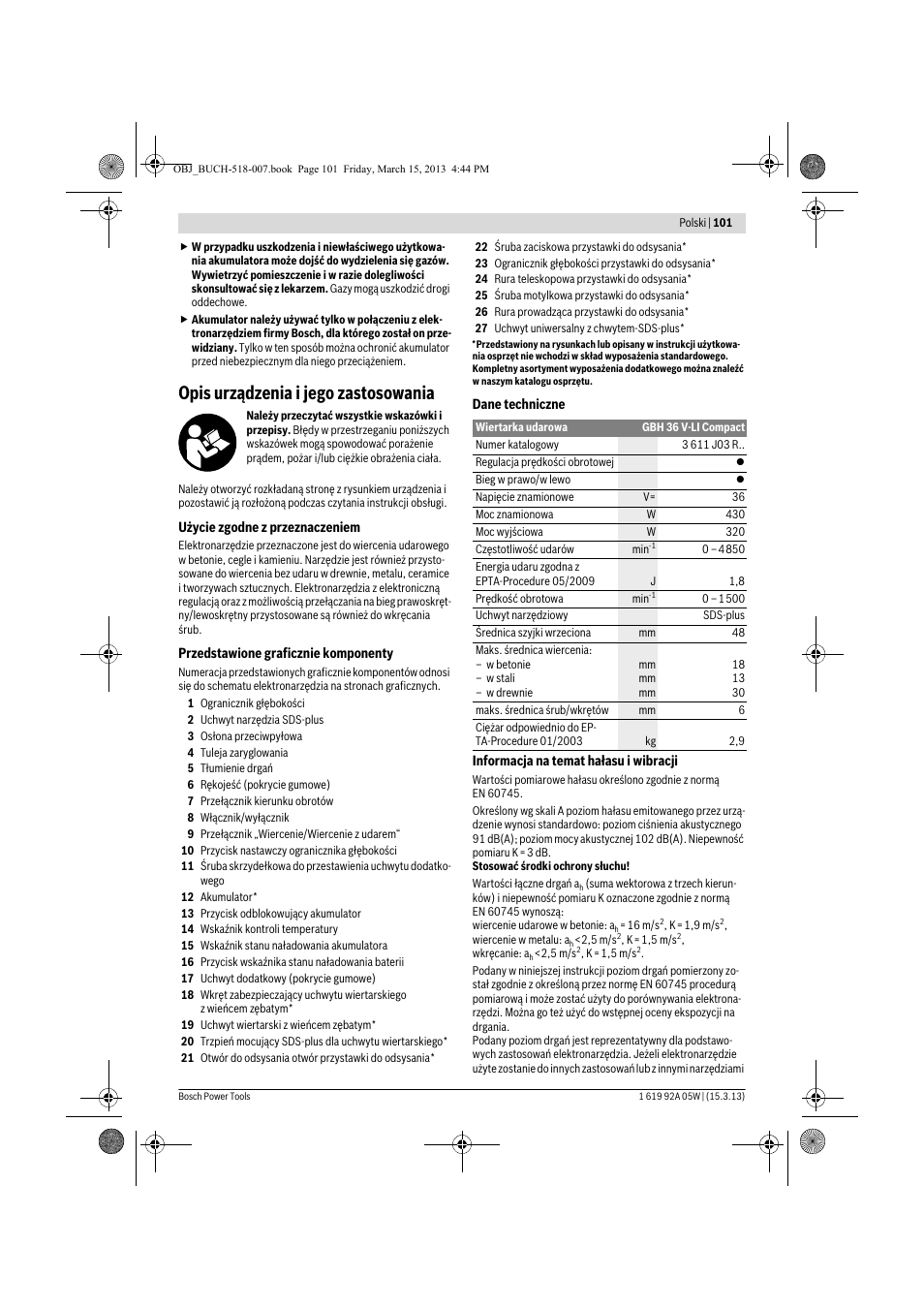 Opis urządzenia i jego zastosowania | Bosch GBH 36 V-LI Compact Professional User Manual | Page 101 / 231