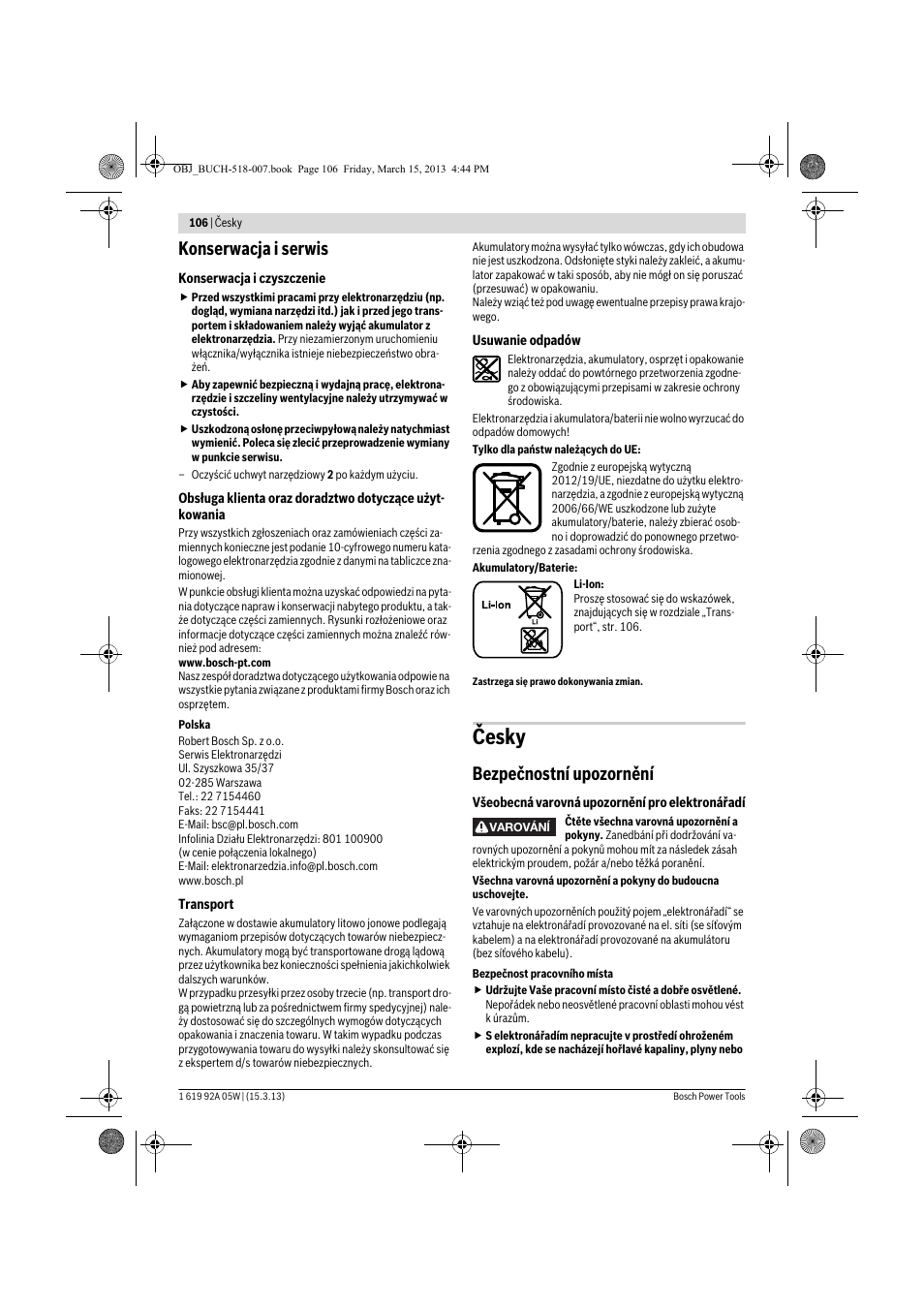 Česky, Konserwacja i serwis, Bezpečnostní upozornění | Bosch GBH 36 V-LI Compact Professional User Manual | Page 106 / 231