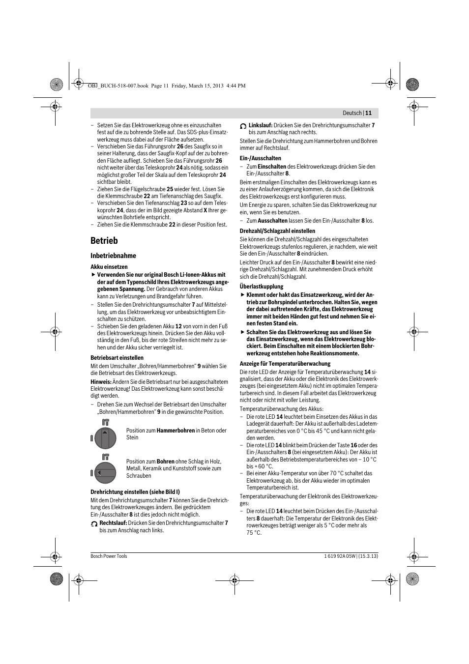 Betrieb | Bosch GBH 36 V-LI Compact Professional User Manual | Page 11 / 231