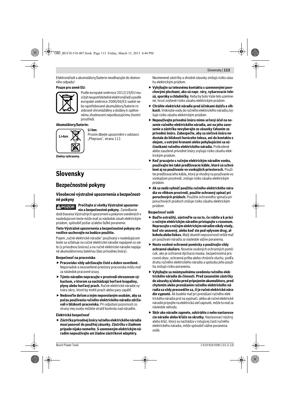 Slovensky, Bezpečnostné pokyny | Bosch GBH 36 V-LI Compact Professional User Manual | Page 113 / 231