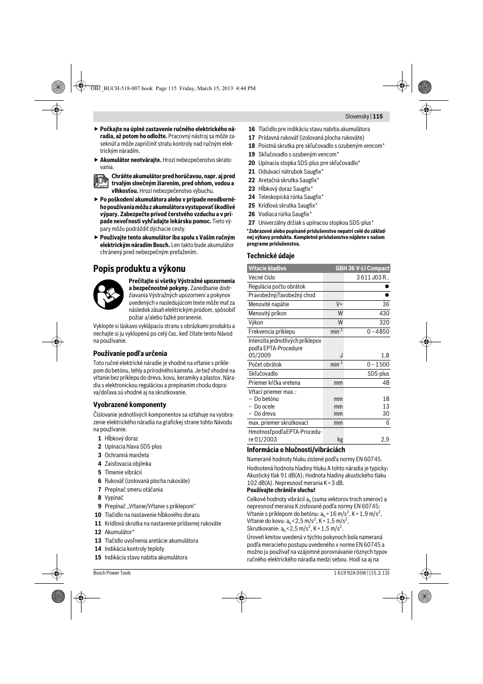 Popis produktu a výkonu | Bosch GBH 36 V-LI Compact Professional User Manual | Page 115 / 231