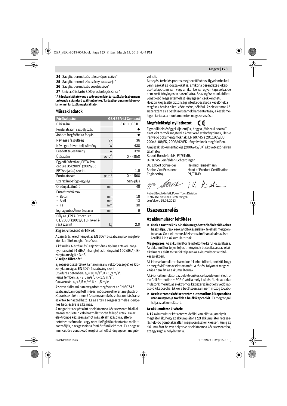 Összeszerelés | Bosch GBH 36 V-LI Compact Professional User Manual | Page 123 / 231