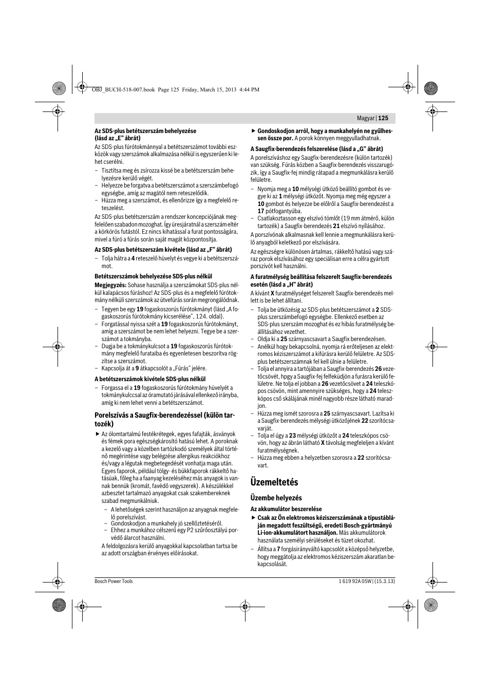 Üzemeltetés | Bosch GBH 36 V-LI Compact Professional User Manual | Page 125 / 231