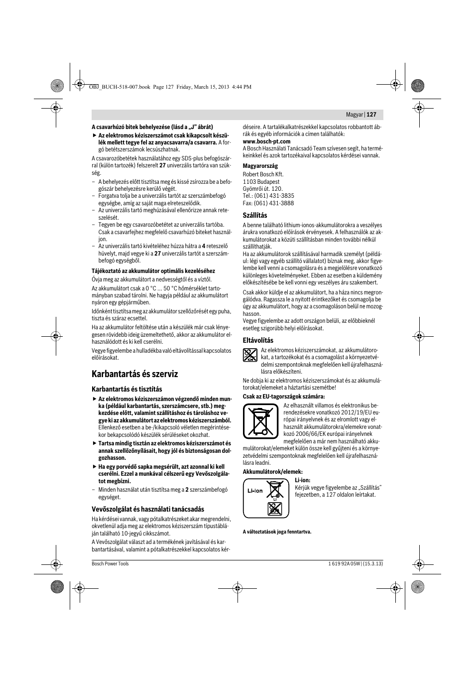 Karbantartás és szerviz | Bosch GBH 36 V-LI Compact Professional User Manual | Page 127 / 231