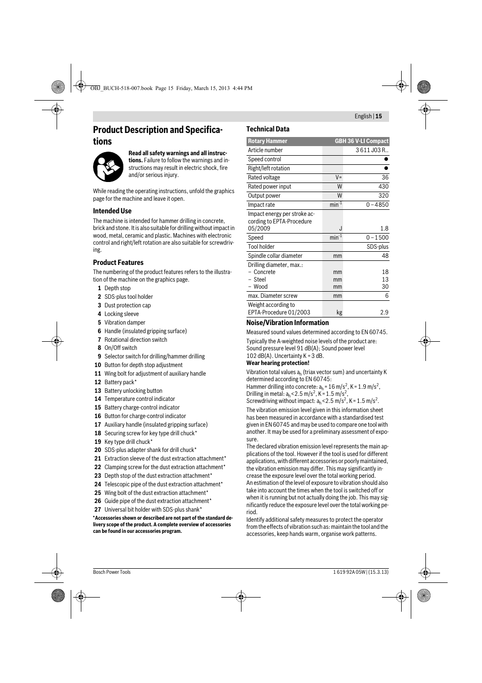 Product description and specifica- tions | Bosch GBH 36 V-LI Compact Professional User Manual | Page 15 / 231