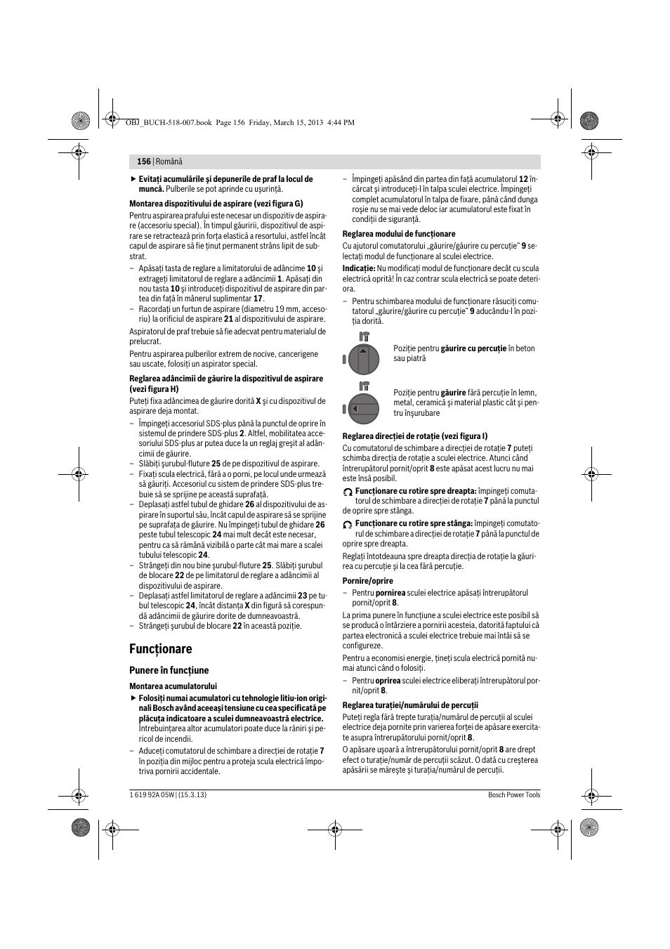 Funcţionare | Bosch GBH 36 V-LI Compact Professional User Manual | Page 156 / 231