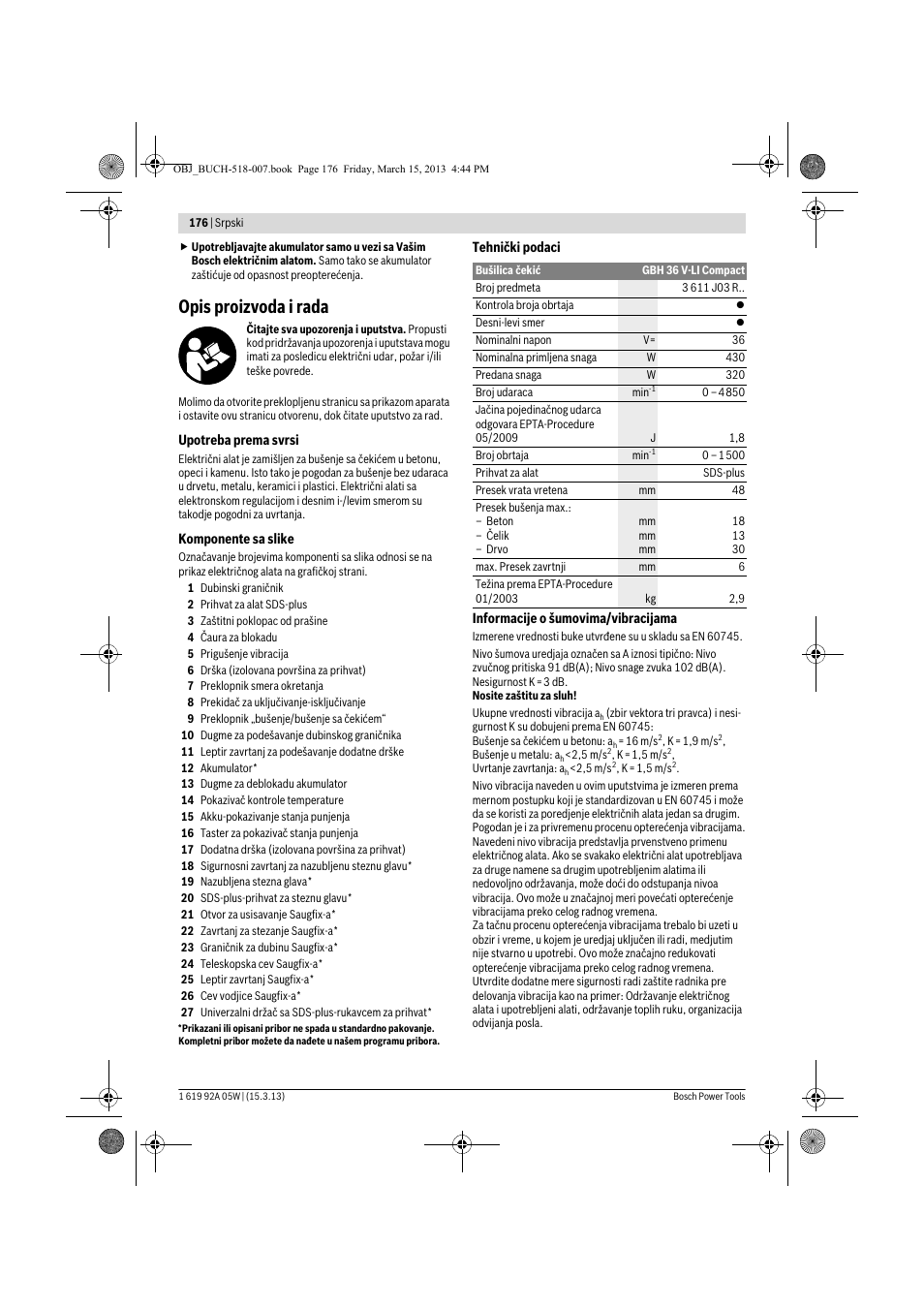 Opis proizvoda i rada | Bosch GBH 36 V-LI Compact Professional User Manual | Page 176 / 231