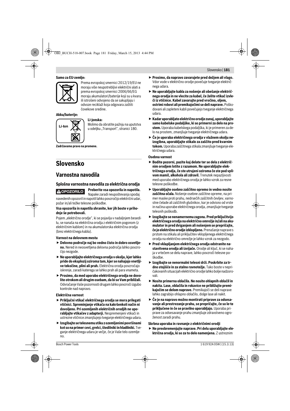 Slovensko, Varnostna navodila | Bosch GBH 36 V-LI Compact Professional User Manual | Page 181 / 231