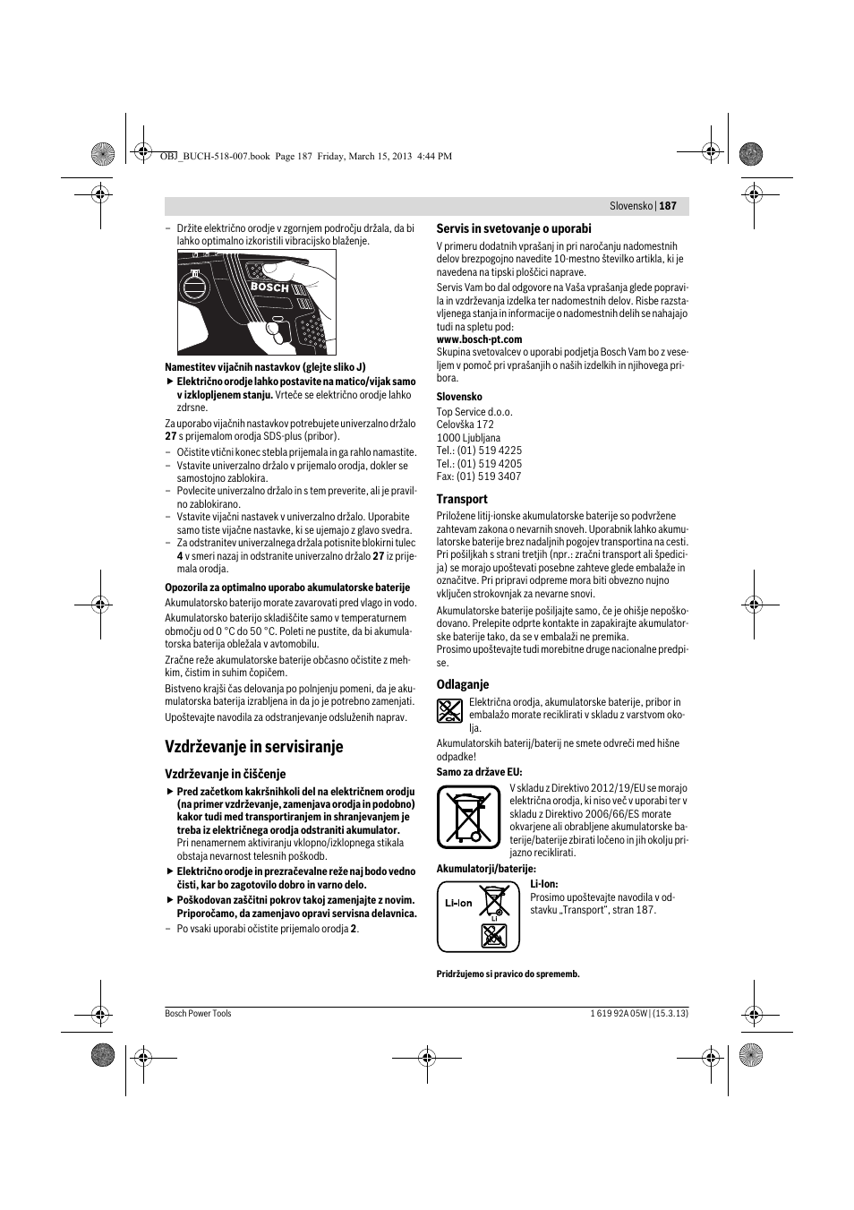 Vzdrževanje in servisiranje | Bosch GBH 36 V-LI Compact Professional User Manual | Page 187 / 231