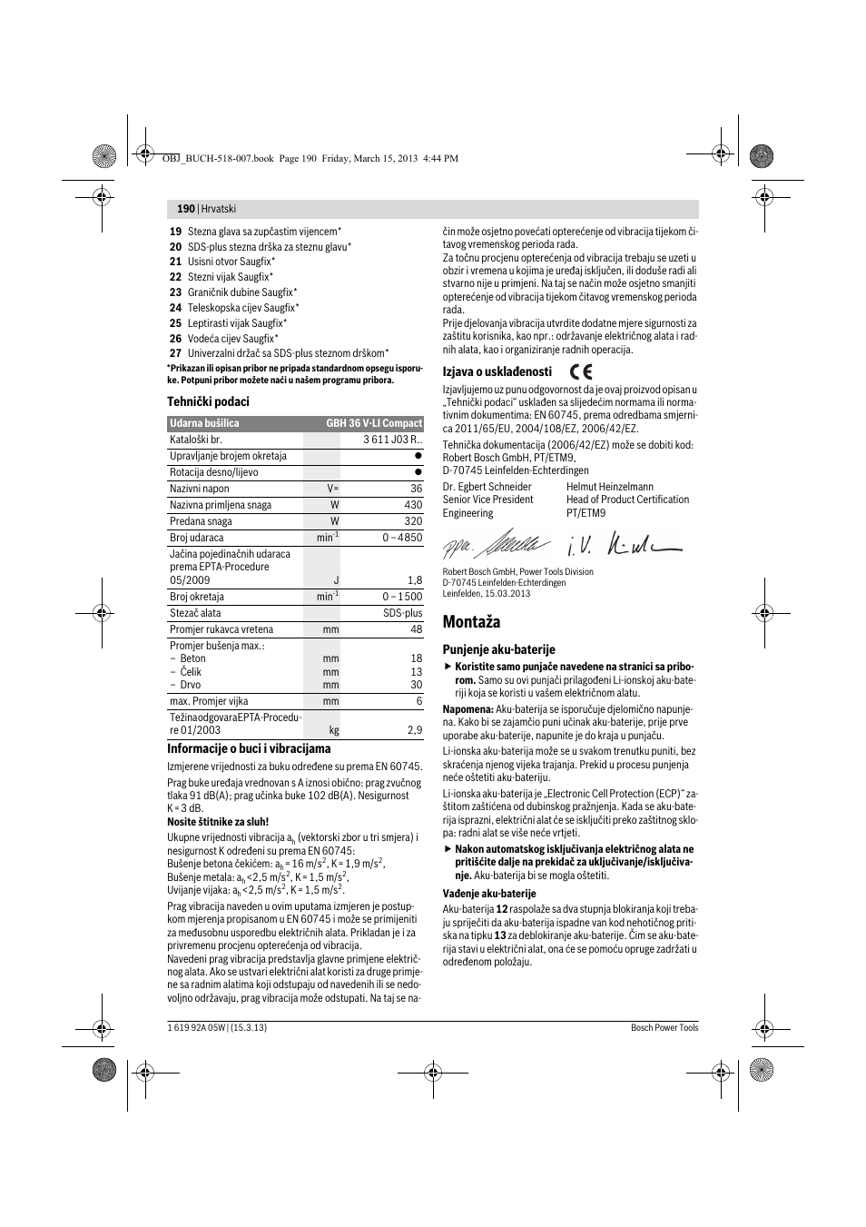 Montaža | Bosch GBH 36 V-LI Compact Professional User Manual | Page 190 / 231