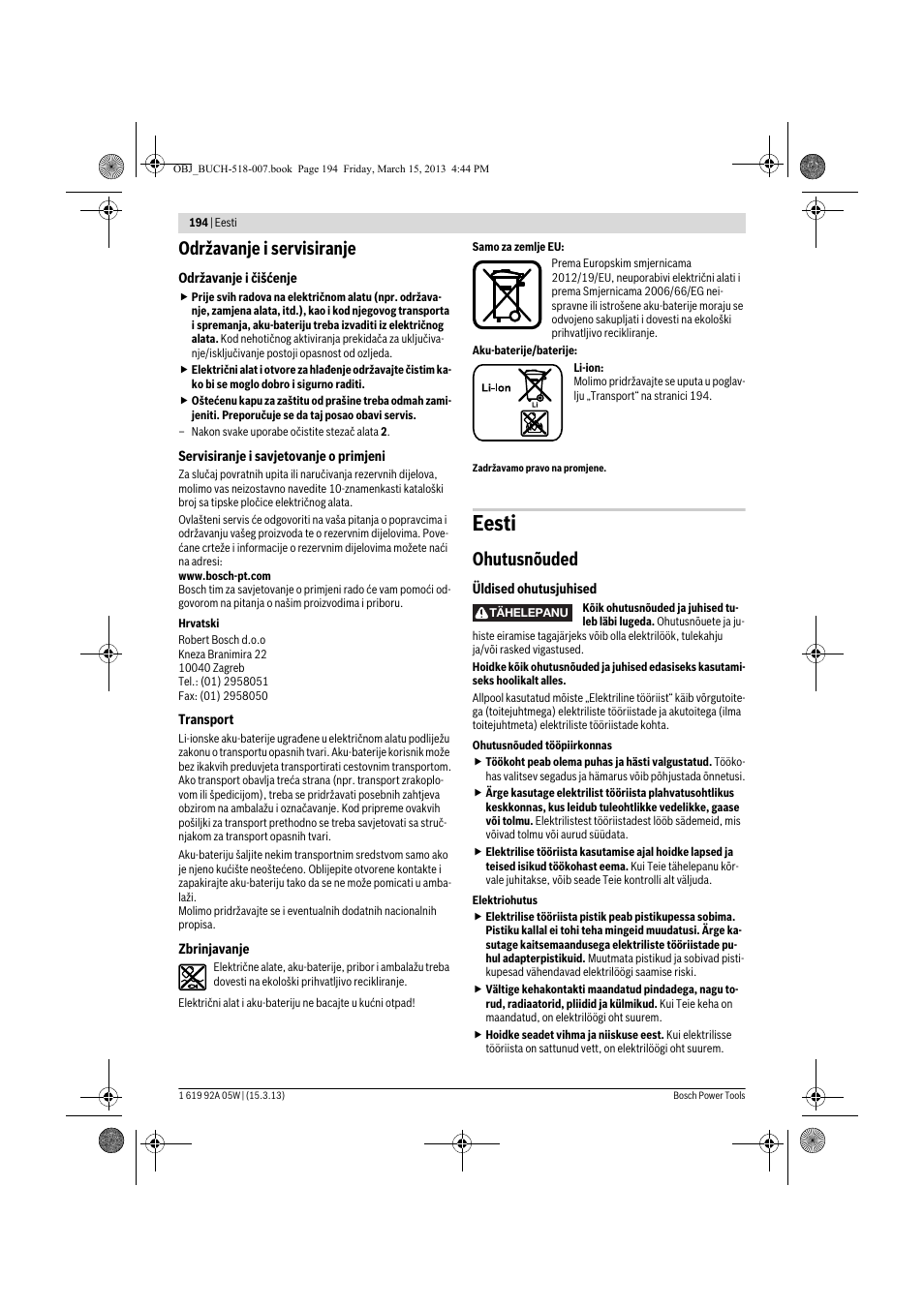 Eesti, Održavanje i servisiranje, Ohutusnõuded | Bosch GBH 36 V-LI Compact Professional User Manual | Page 194 / 231