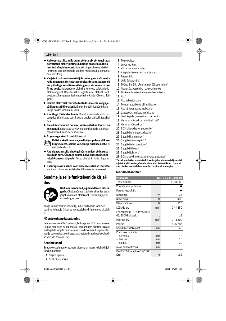 Seadme ja selle funktsioonide kirjel- dus | Bosch GBH 36 V-LI Compact Professional User Manual | Page 196 / 231