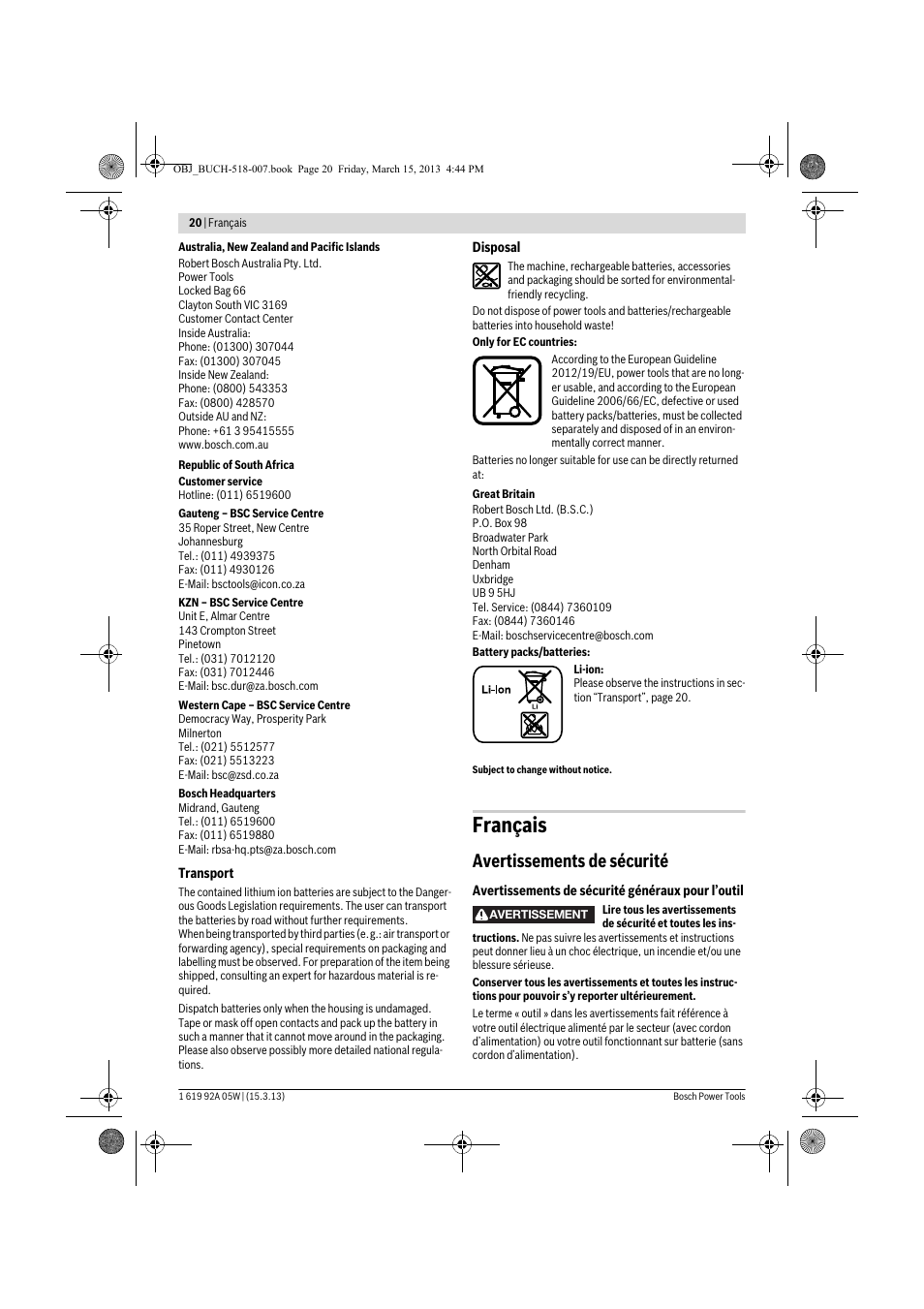 Français, Avertissements de sécurité | Bosch GBH 36 V-LI Compact Professional User Manual | Page 20 / 231