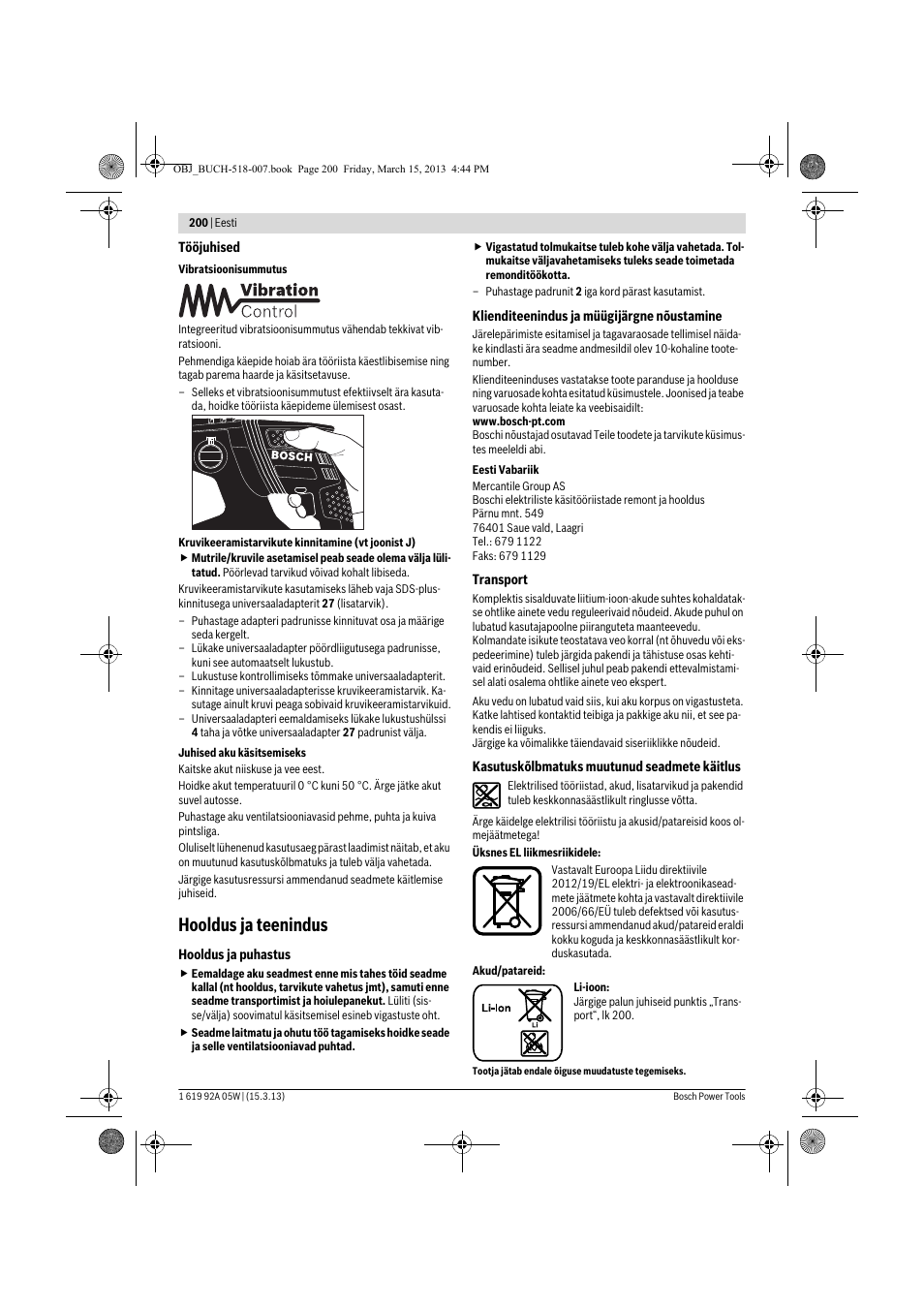 Hooldus ja teenindus | Bosch GBH 36 V-LI Compact Professional User Manual | Page 200 / 231