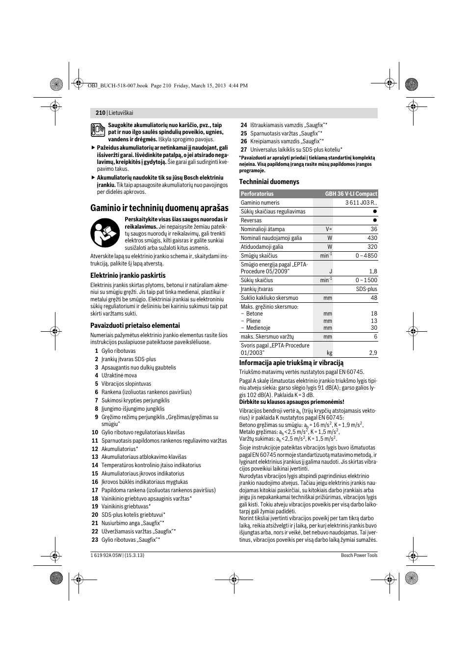 Gaminio ir techninių duomenų aprašas | Bosch GBH 36 V-LI Compact Professional User Manual | Page 210 / 231