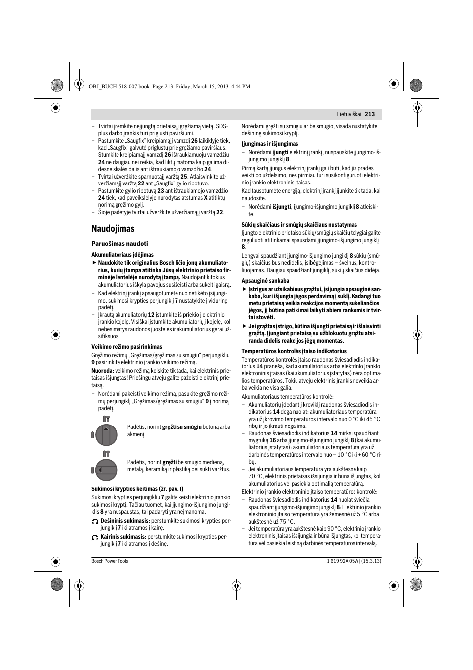 Naudojimas | Bosch GBH 36 V-LI Compact Professional User Manual | Page 213 / 231