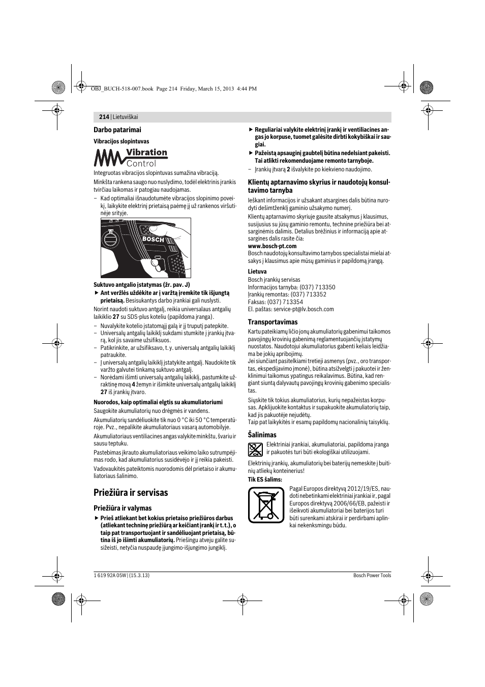 Priežiūra ir servisas | Bosch GBH 36 V-LI Compact Professional User Manual | Page 214 / 231