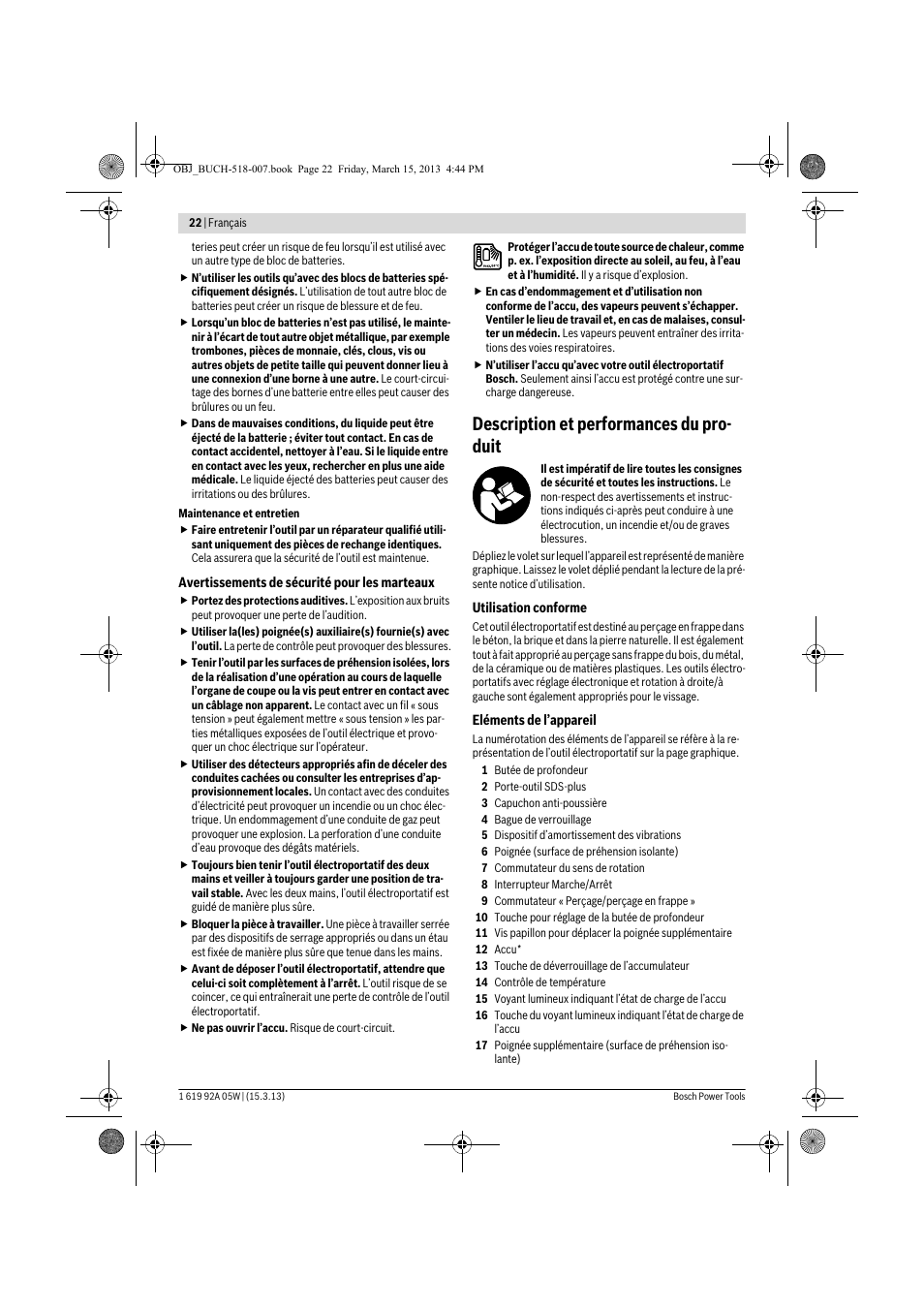 Description et performances du pro- duit | Bosch GBH 36 V-LI Compact Professional User Manual | Page 22 / 231