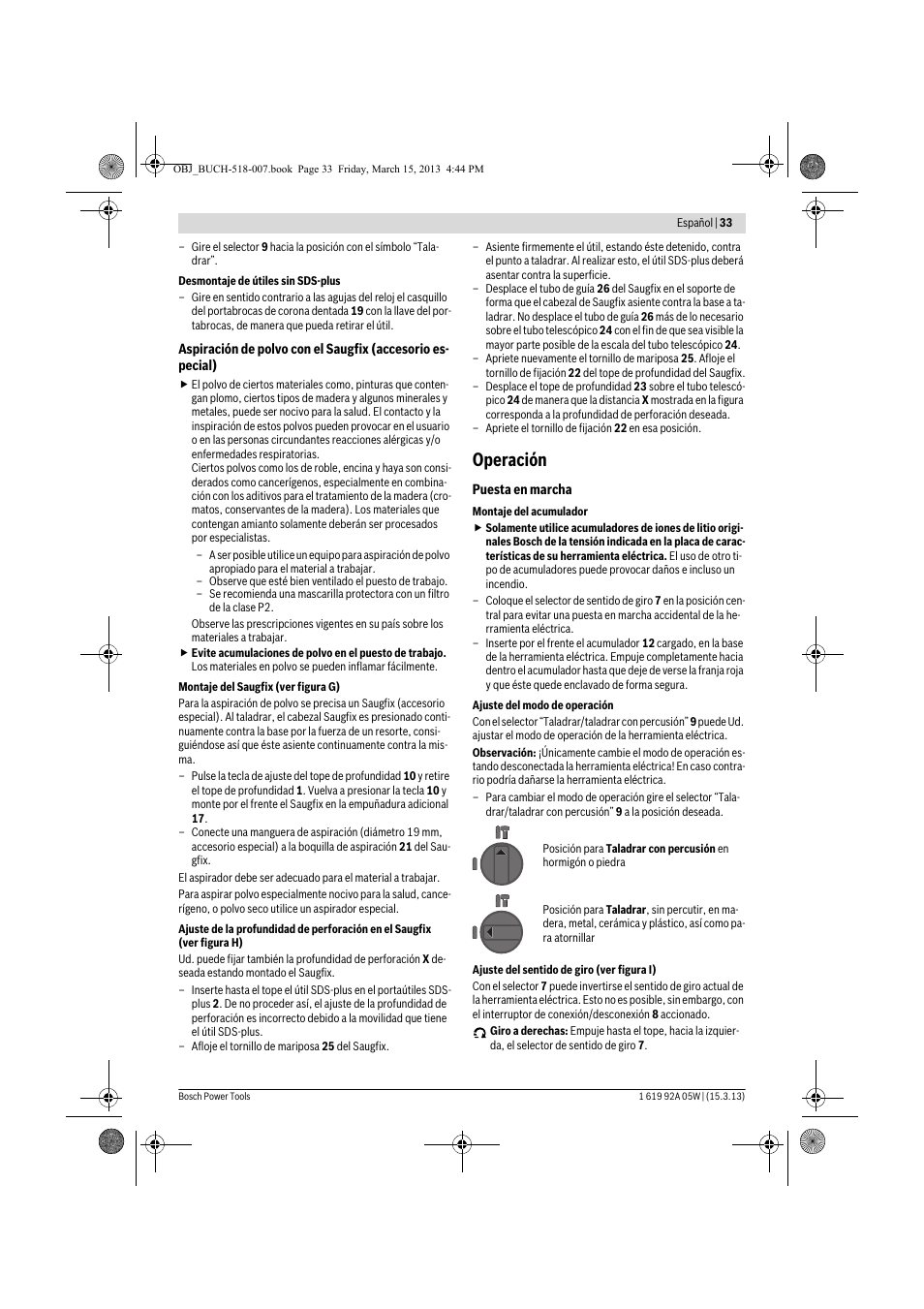 Operación | Bosch GBH 36 V-LI Compact Professional User Manual | Page 33 / 231