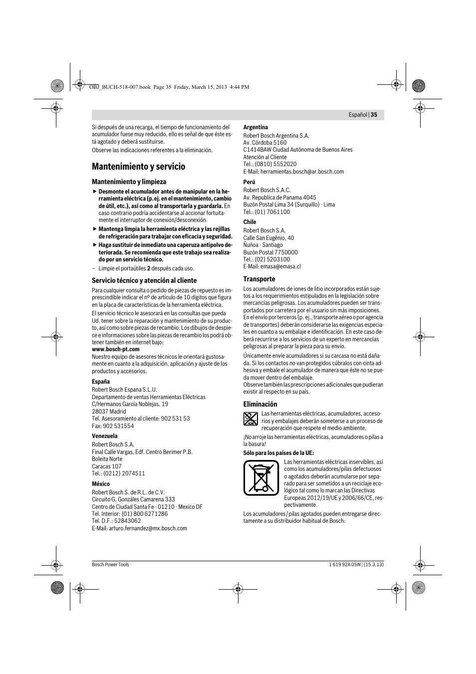 Mantenimiento y servicio | Bosch GBH 36 V-LI Compact Professional User Manual | Page 35 / 231