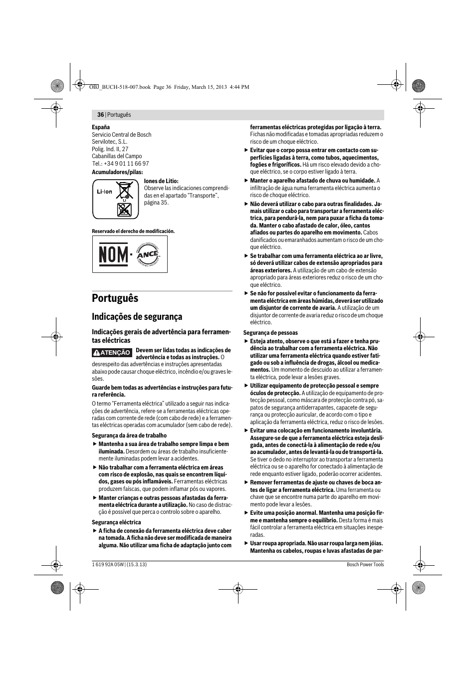 Português, Indicações de segurança | Bosch GBH 36 V-LI Compact Professional User Manual | Page 36 / 231