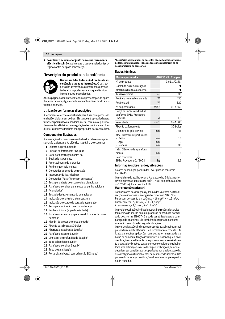 Descrição do produto e da potência | Bosch GBH 36 V-LI Compact Professional User Manual | Page 38 / 231