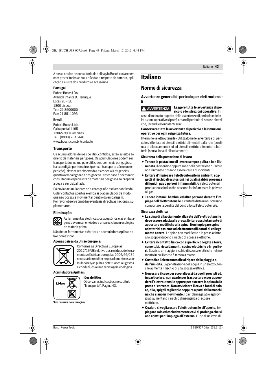 Italiano, Norme di sicurezza | Bosch GBH 36 V-LI Compact Professional User Manual | Page 43 / 231