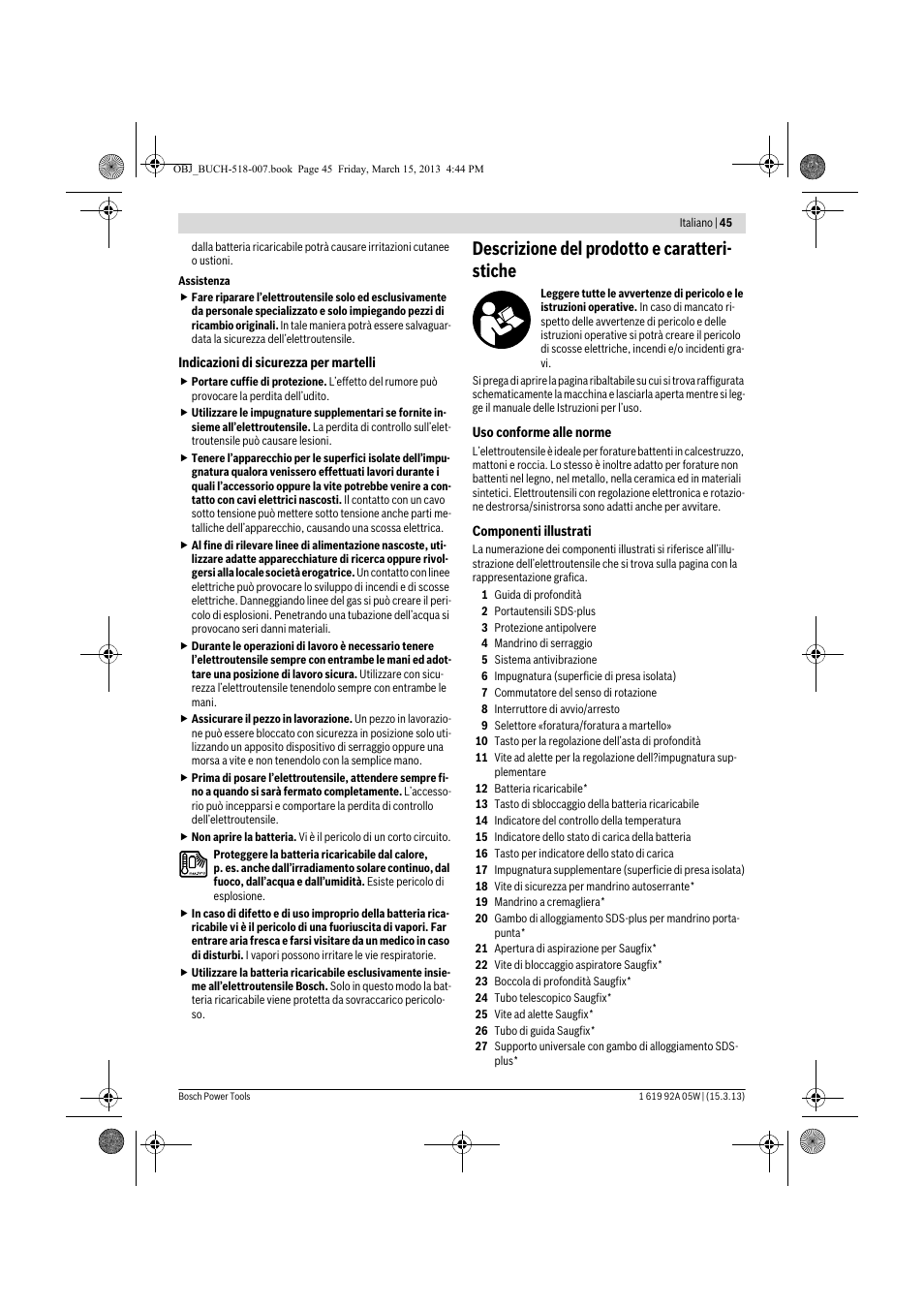 Descrizione del prodotto e caratteri- stiche | Bosch GBH 36 V-LI Compact Professional User Manual | Page 45 / 231