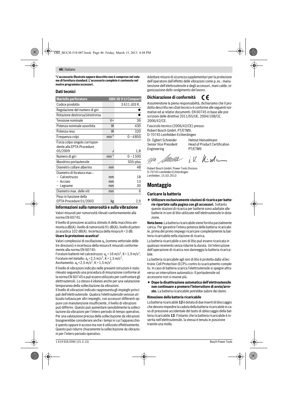 Montaggio | Bosch GBH 36 V-LI Compact Professional User Manual | Page 46 / 231