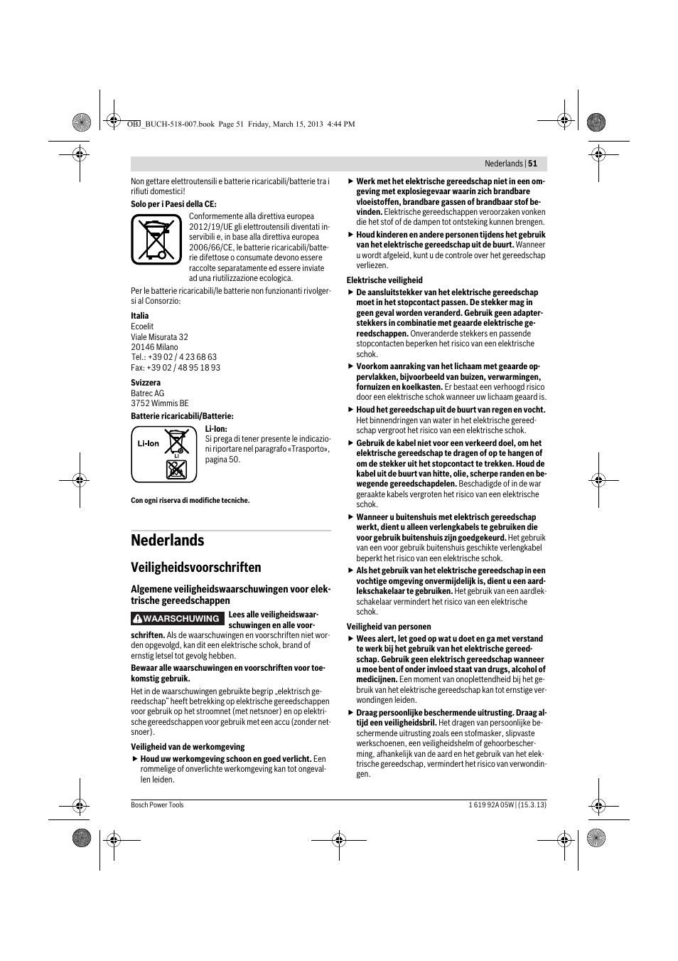 Nederlands, Veiligheidsvoorschriften | Bosch GBH 36 V-LI Compact Professional User Manual | Page 51 / 231