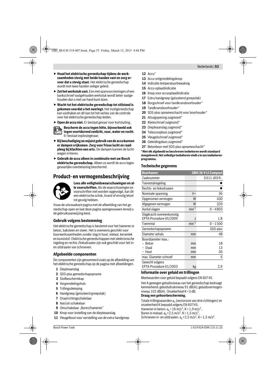 Product- en vermogensbeschrijving | Bosch GBH 36 V-LI Compact Professional User Manual | Page 53 / 231