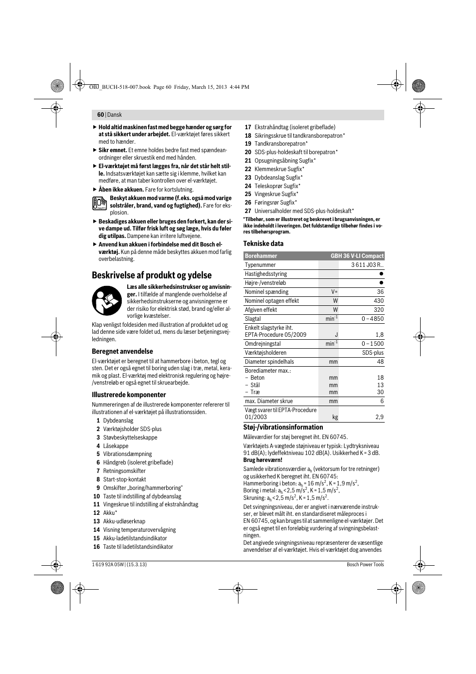 Beskrivelse af produkt og ydelse | Bosch GBH 36 V-LI Compact Professional User Manual | Page 60 / 231