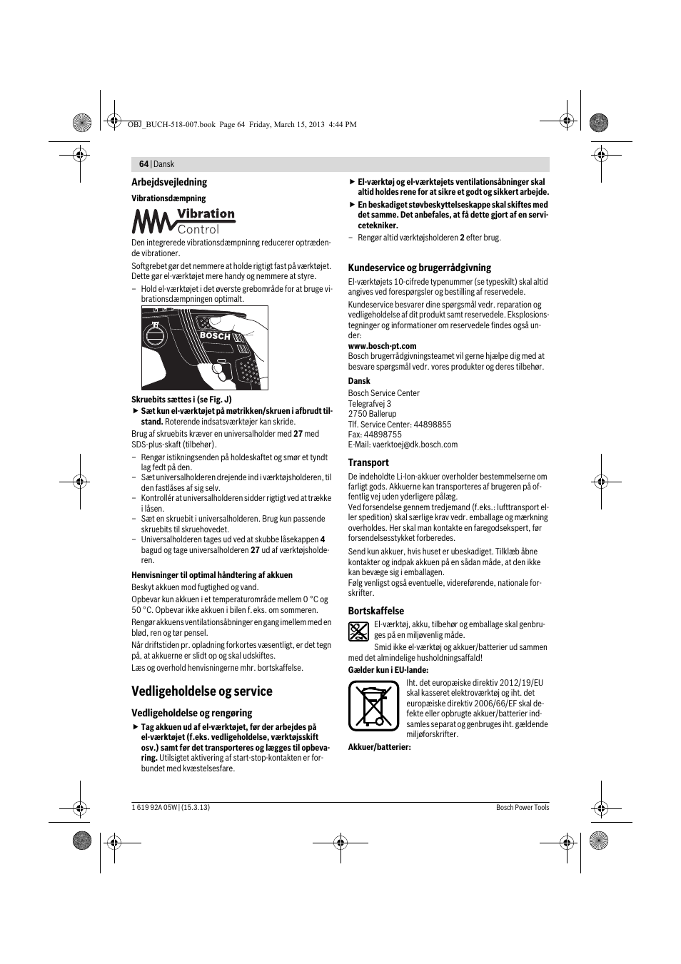 Vedligeholdelse og service | Bosch GBH 36 V-LI Compact Professional User Manual | Page 64 / 231