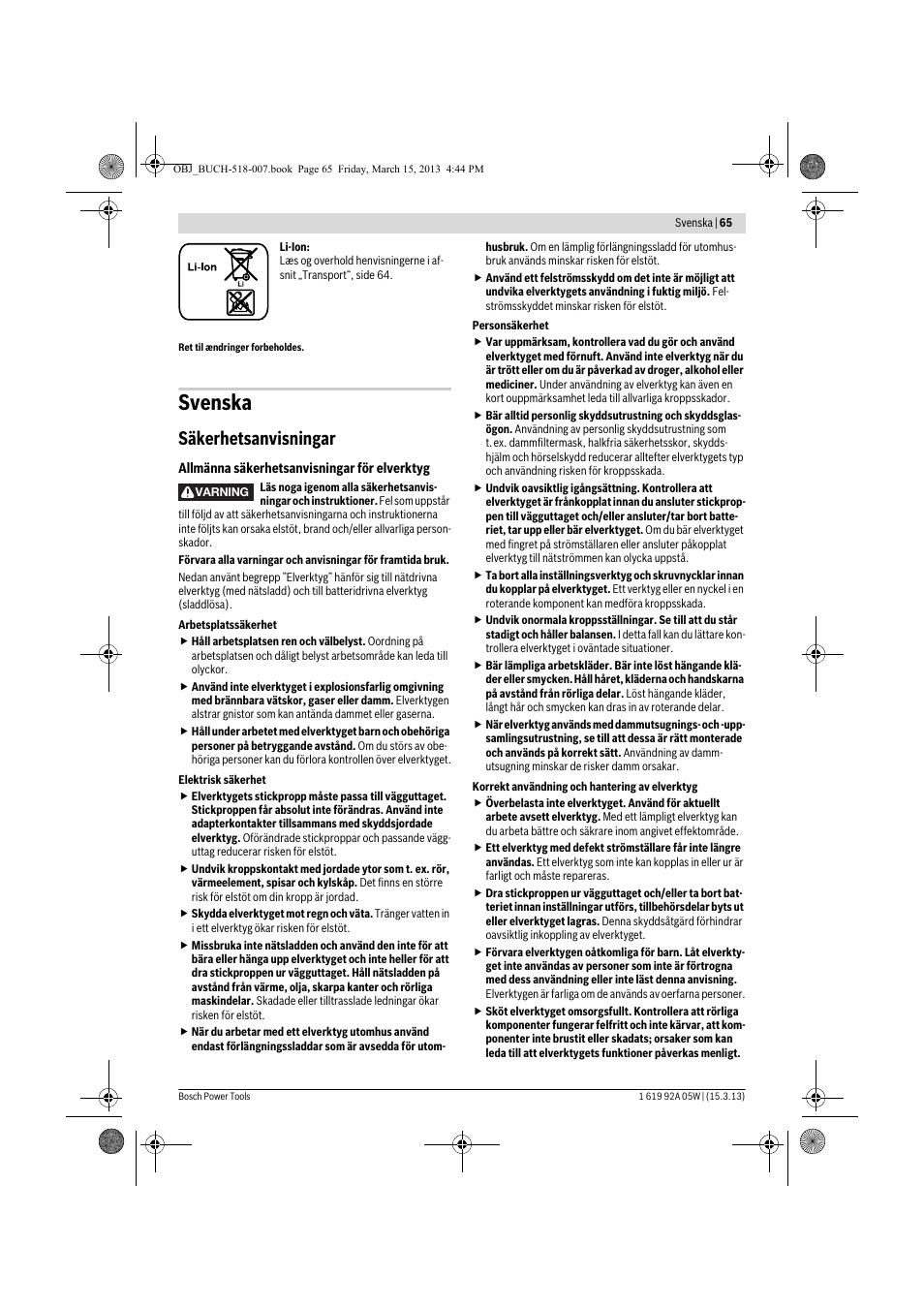 Svenska, Säkerhetsanvisningar | Bosch GBH 36 V-LI Compact Professional User Manual | Page 65 / 231