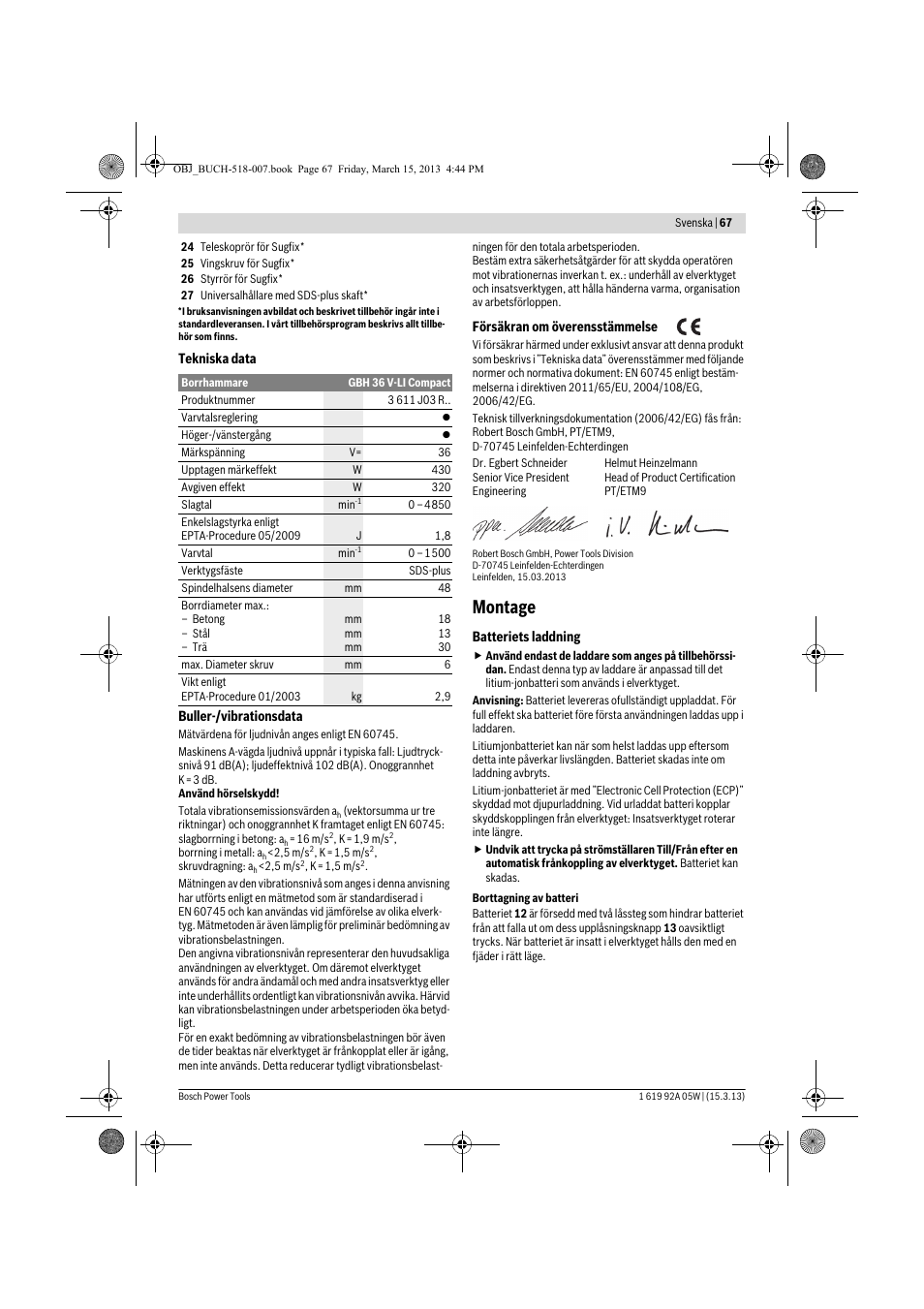 Montage | Bosch GBH 36 V-LI Compact Professional User Manual | Page 67 / 231