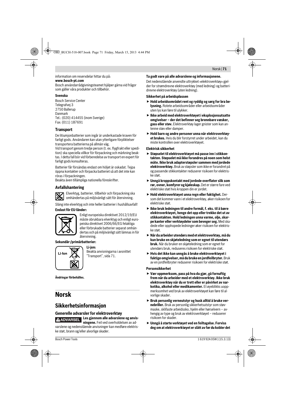 Norsk, Sikkerhetsinformasjon | Bosch GBH 36 V-LI Compact Professional User Manual | Page 71 / 231