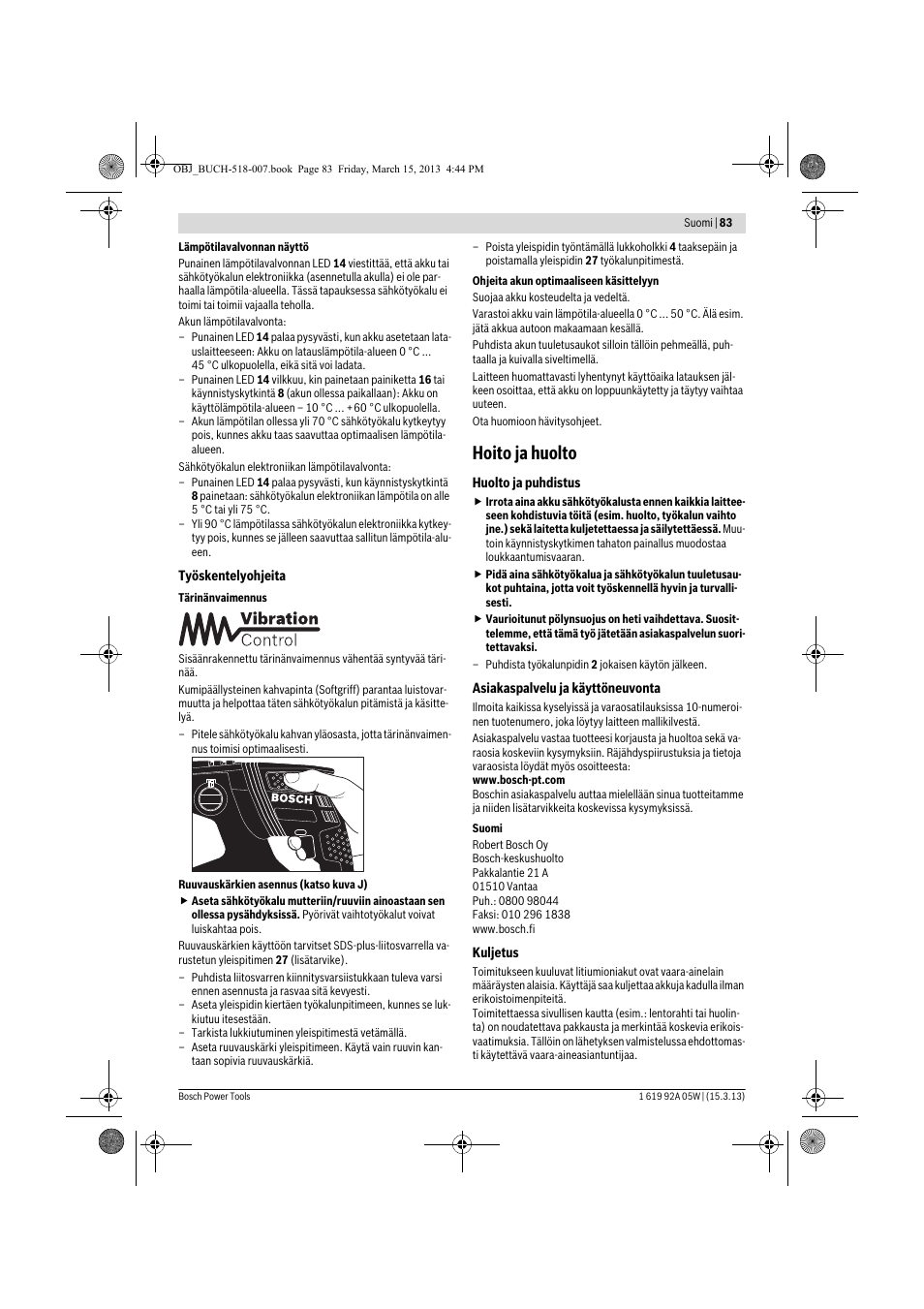 Hoito ja huolto | Bosch GBH 36 V-LI Compact Professional User Manual | Page 83 / 231