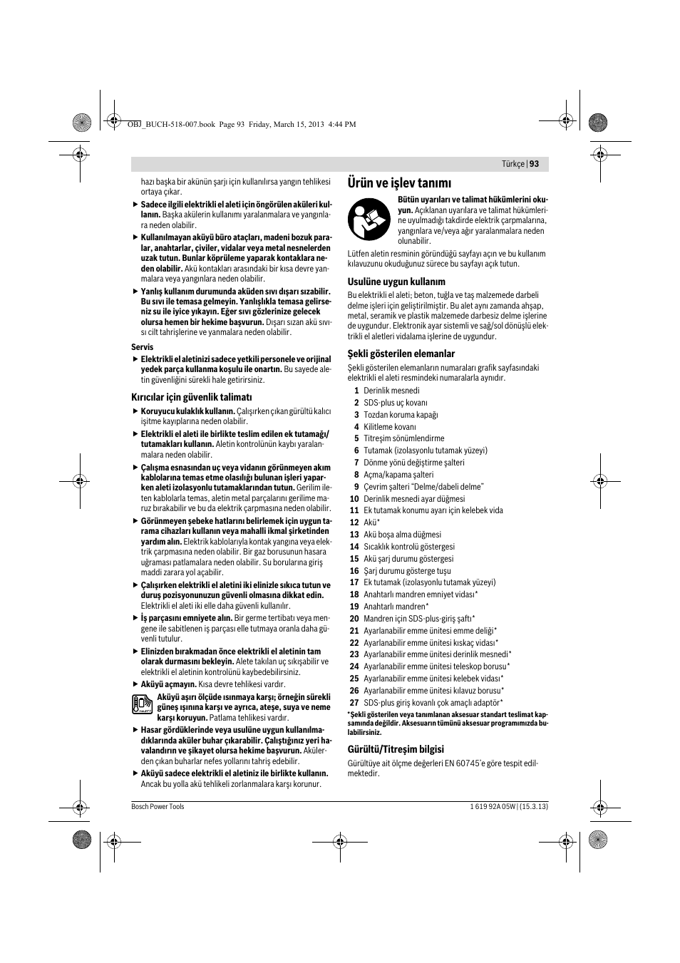 Ürün ve işlev tanımı | Bosch GBH 36 V-LI Compact Professional User Manual | Page 93 / 231