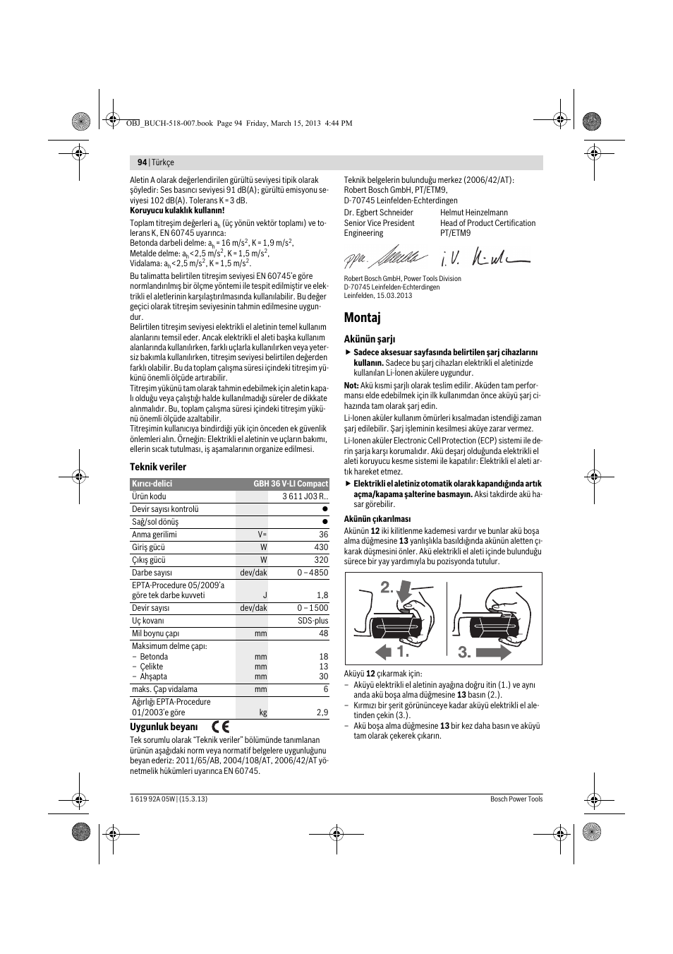 Montaj | Bosch GBH 36 V-LI Compact Professional User Manual | Page 94 / 231