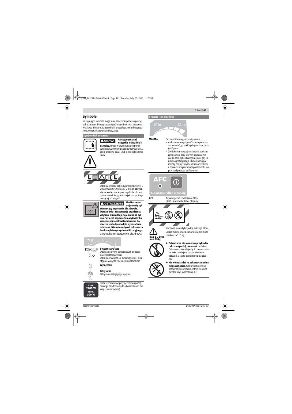 Symbole | Bosch GAS 35 L AFC Professional User Manual | Page 101 / 229