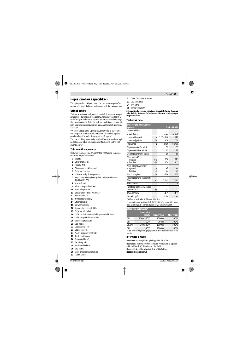 Popis výrobku a specifikací | Bosch GAS 35 L AFC Professional User Manual | Page 109 / 229