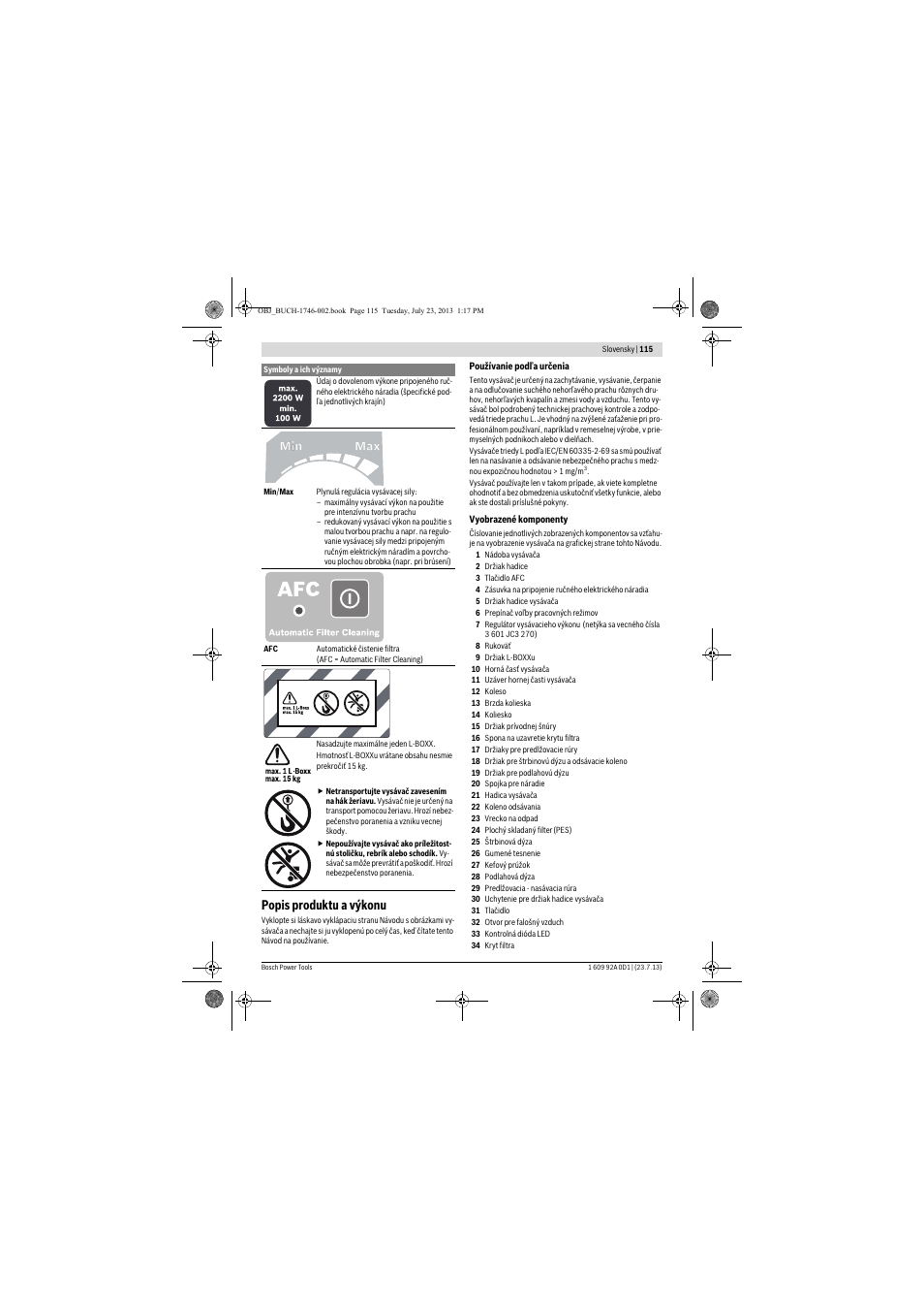 Popis produktu a výkonu | Bosch GAS 35 L AFC Professional User Manual | Page 115 / 229