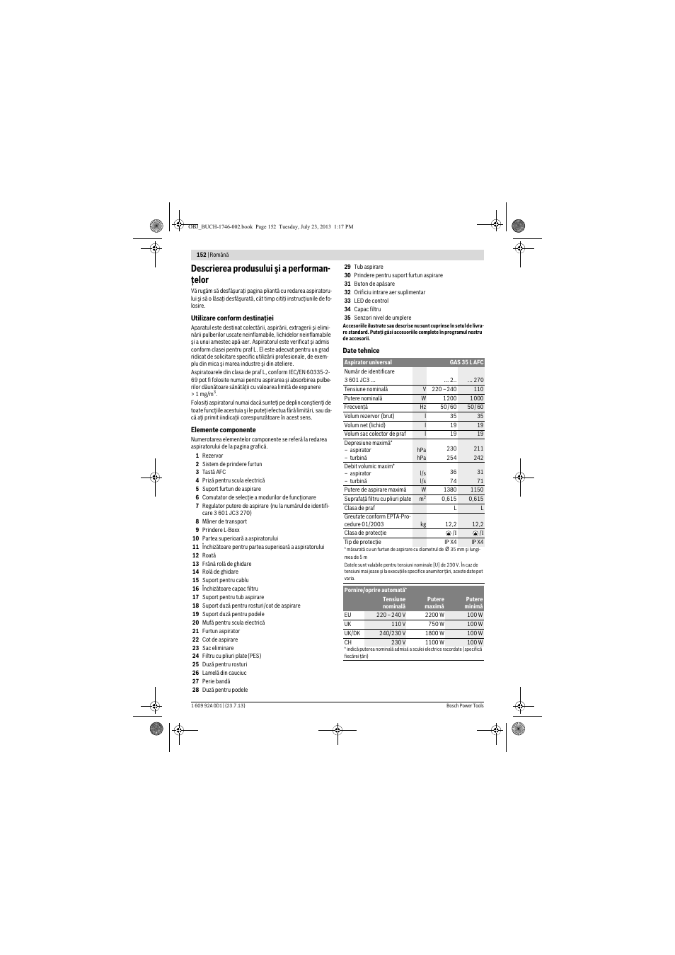 Descrierea produsului şi a performan- ţelor | Bosch GAS 35 L AFC Professional User Manual | Page 152 / 229