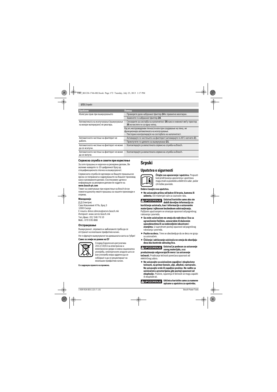 Srpski, Uputstva o sigurnosti | Bosch GAS 35 L AFC Professional User Manual | Page 172 / 229